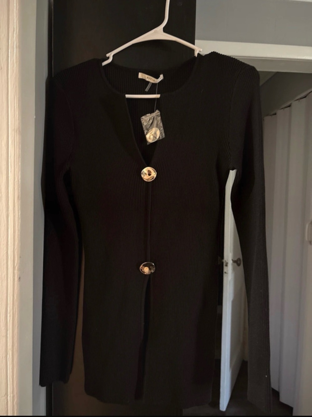 Black Ribbed Long Sleeve Button-Front Sweater